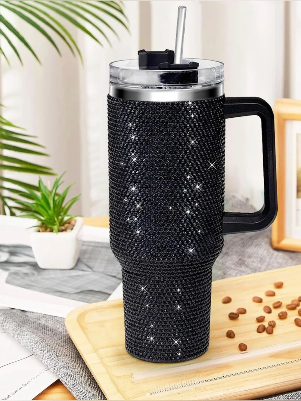 Black Rhinestone Bling Travel Tumbler Spill-Proof Lid Straw Handle 40 ounces NIB
